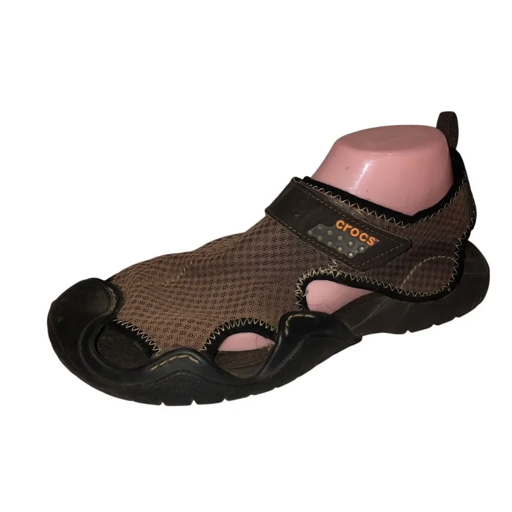 Crocs Mens Size 10 Brown Black Swiftwater Fisherman Mesh Deck Sandals Shoes